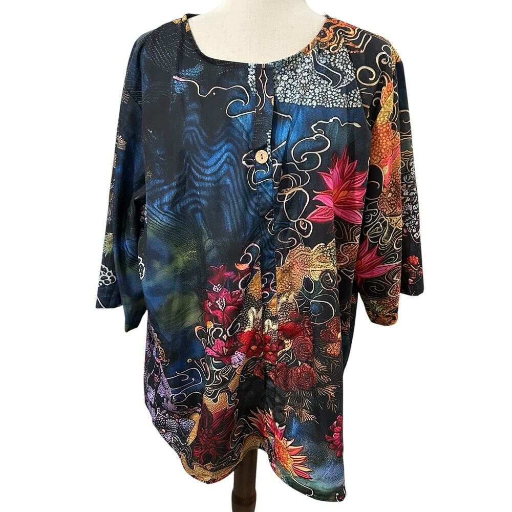 Unbranded Silky 3/4 Sleeve Tunic Top Floral Print 1 Button Split Neck Size 3XL